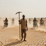 A man in brown clothing stands on cracked, dry ground holding a hoe, while six motorcyclists in helmets ride behind him, kicking up dust.