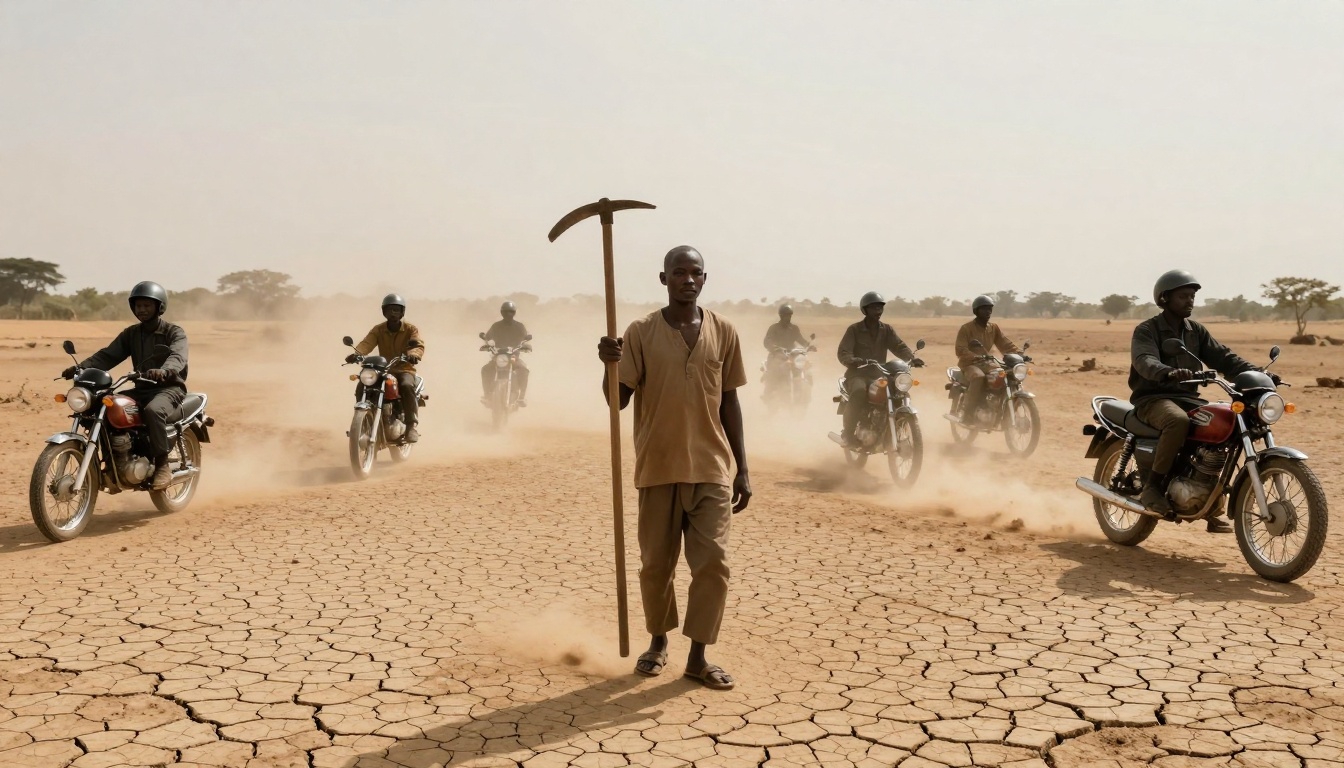 A man in brown clothing stands on cracked, dry ground holding a hoe, while six motorcyclists in helmets ride behind him, kicking up dust.