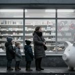 A woman and three children stand in line on a sidewalk, bundled in winter coats and hats. They face a large white piggy bank with visible cracks. Behind them is a shop window displaying shelves of products. A world map with marked locations is on the window.