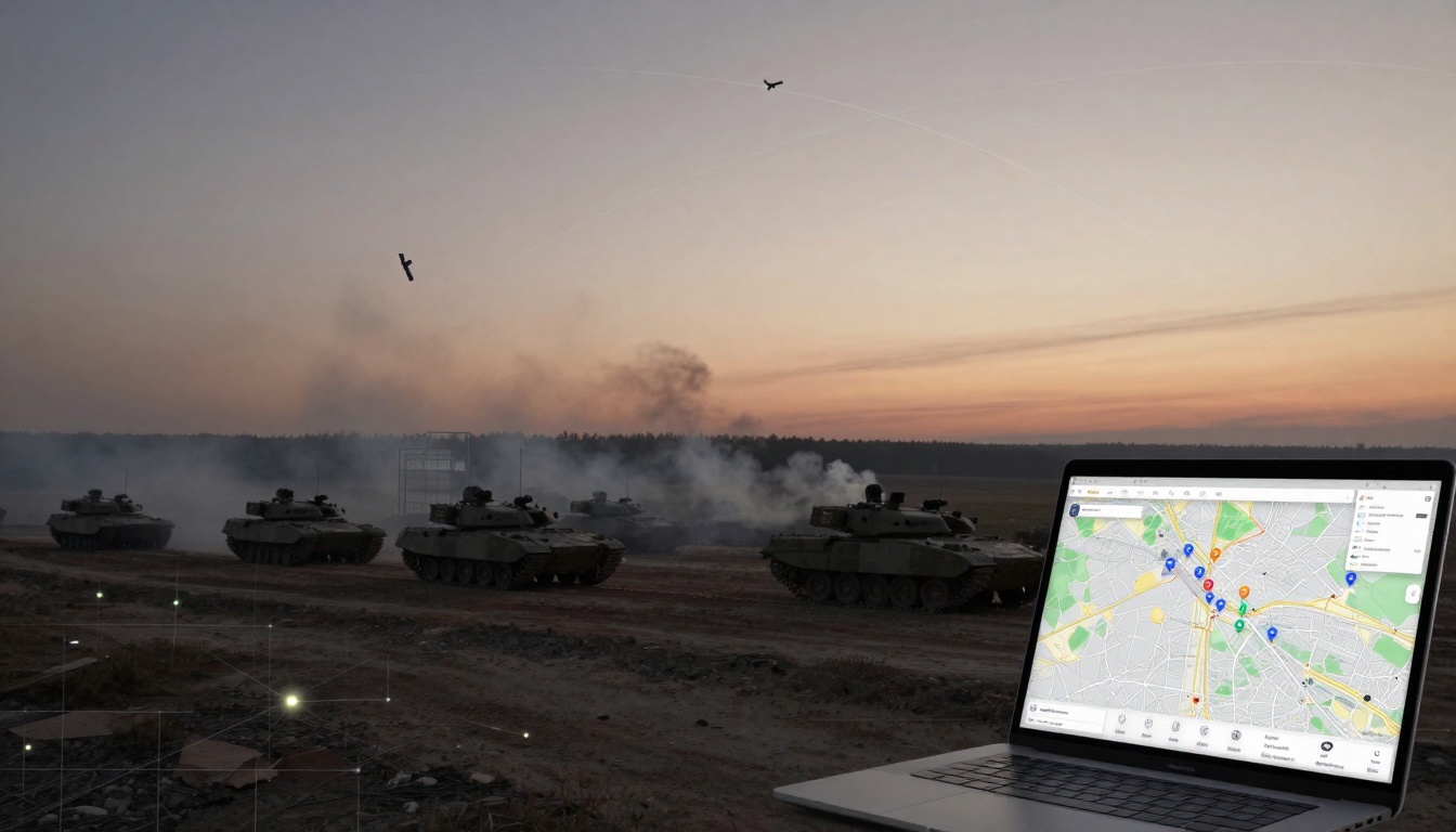 A group of tanks in a dusty field under a sunset sky with smoke rising. Two drones fly above. In the foreground, a laptop displays a map with markers.