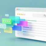 A stylized digital illustration of a browser window displaying a search bar and a five-star rating system. Colorful chat bubbles with star ratings are emerging from the screen against a blue background.