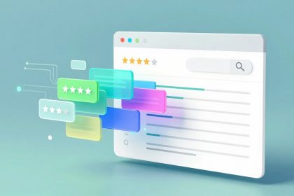 A stylized digital illustration of a browser window displaying a search bar and a five-star rating system. Colorful chat bubbles with star ratings are emerging from the screen against a blue background.