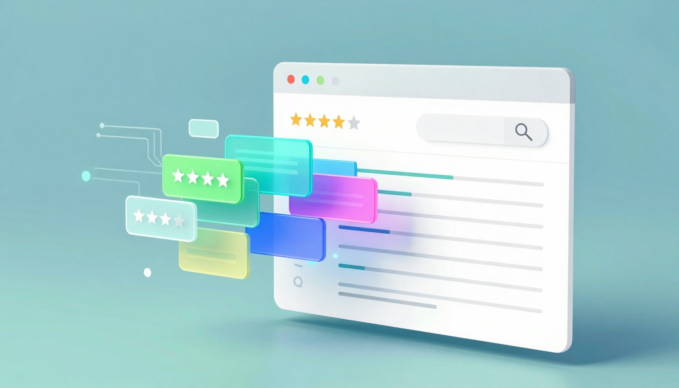A stylized digital illustration of a browser window displaying a search bar and a five-star rating system. Colorful chat bubbles with star ratings are emerging from the screen against a blue background.