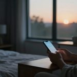 A person sitting on a bed, using a smartphone, with a dimly lit room and a sunset visible through a large window. A lamp and a cup are on a table.