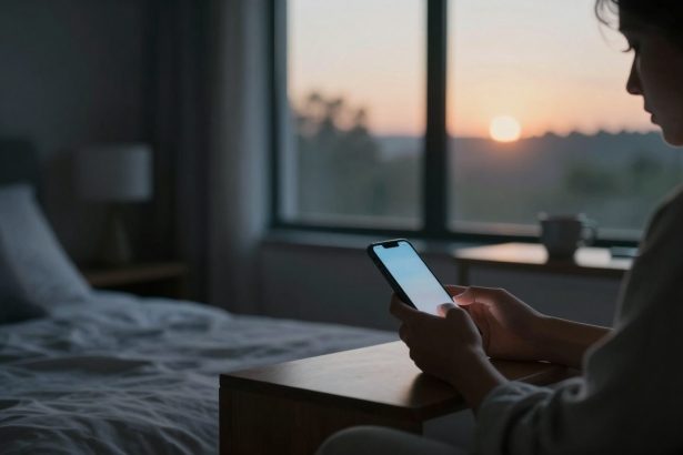 A person sitting on a bed, using a smartphone, with a dimly lit room and a sunset visible through a large window. A lamp and a cup are on a table.
