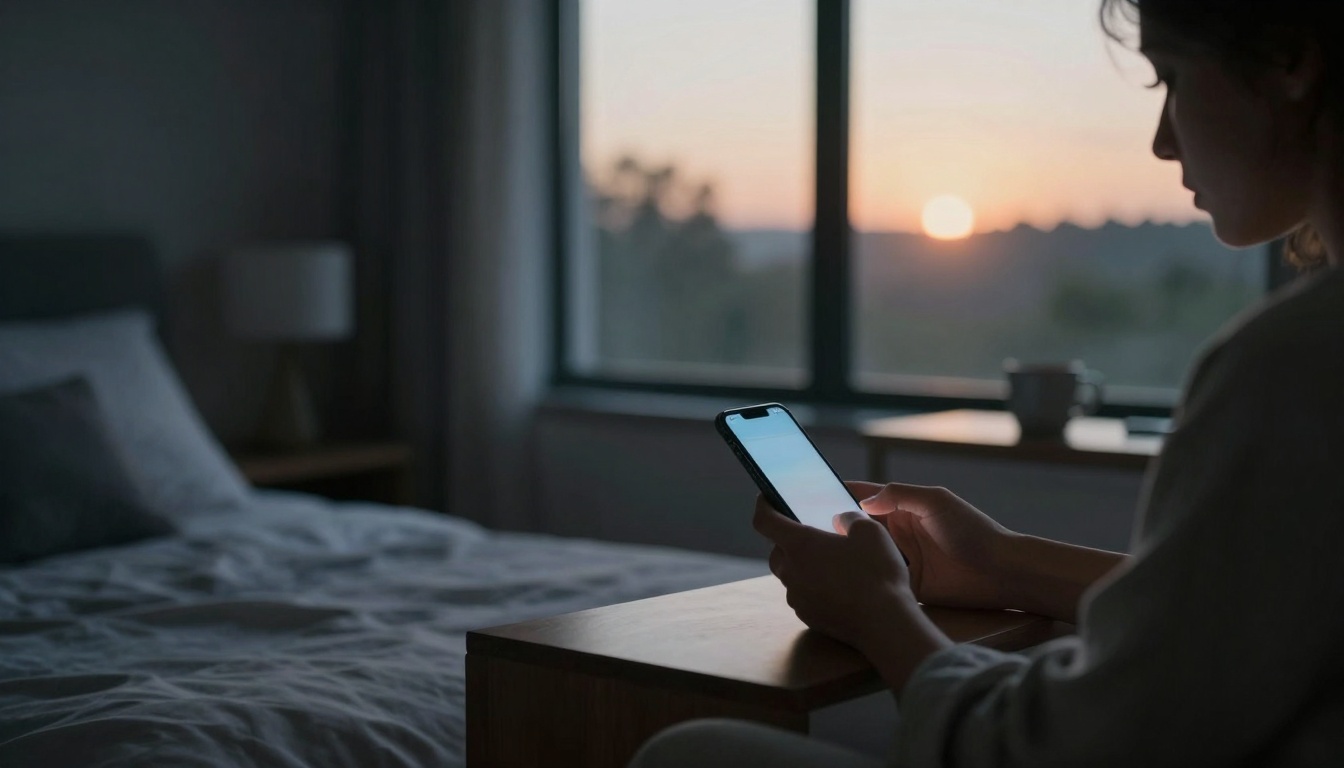 A person sitting on a bed, using a smartphone, with a dimly lit room and a sunset visible through a large window. A lamp and a cup are on a table.
