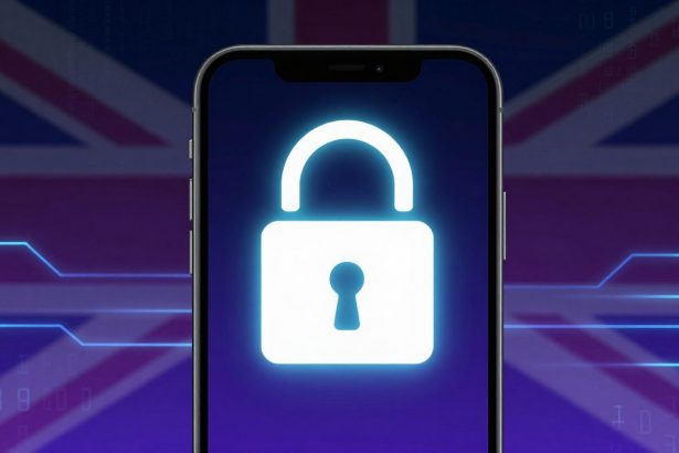 Smartphone displaying a glowing lock icon on the screen, set against a blurred Union Jack flag background with digital lines.