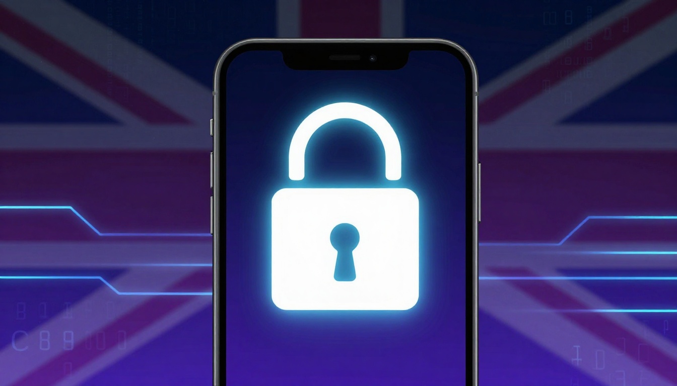 Smartphone displaying a glowing lock icon on the screen, set against a blurred Union Jack flag background with digital lines.
