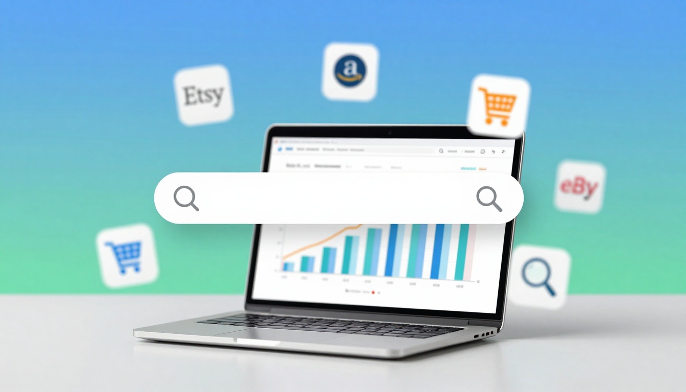 A laptop displaying a bar chart is shown with a search bar overlay. Icons for e-commerce platforms like Etsy, Amazon, and eBay float around it.