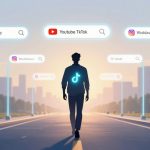 A silhouette of a person with a glowing TikTok logo on their back walks down a street. Surrounding them are floating search bars with logos of Google, YouTube, and Instagram, along with text. The background includes trees and city buildings under a pastel sky.