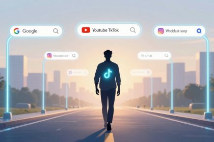 A silhouette of a person with a glowing TikTok logo on their back walks down a street. Surrounding them are floating search bars with logos of Google, YouTube, and Instagram, along with text. The background includes trees and city buildings under a pastel sky.