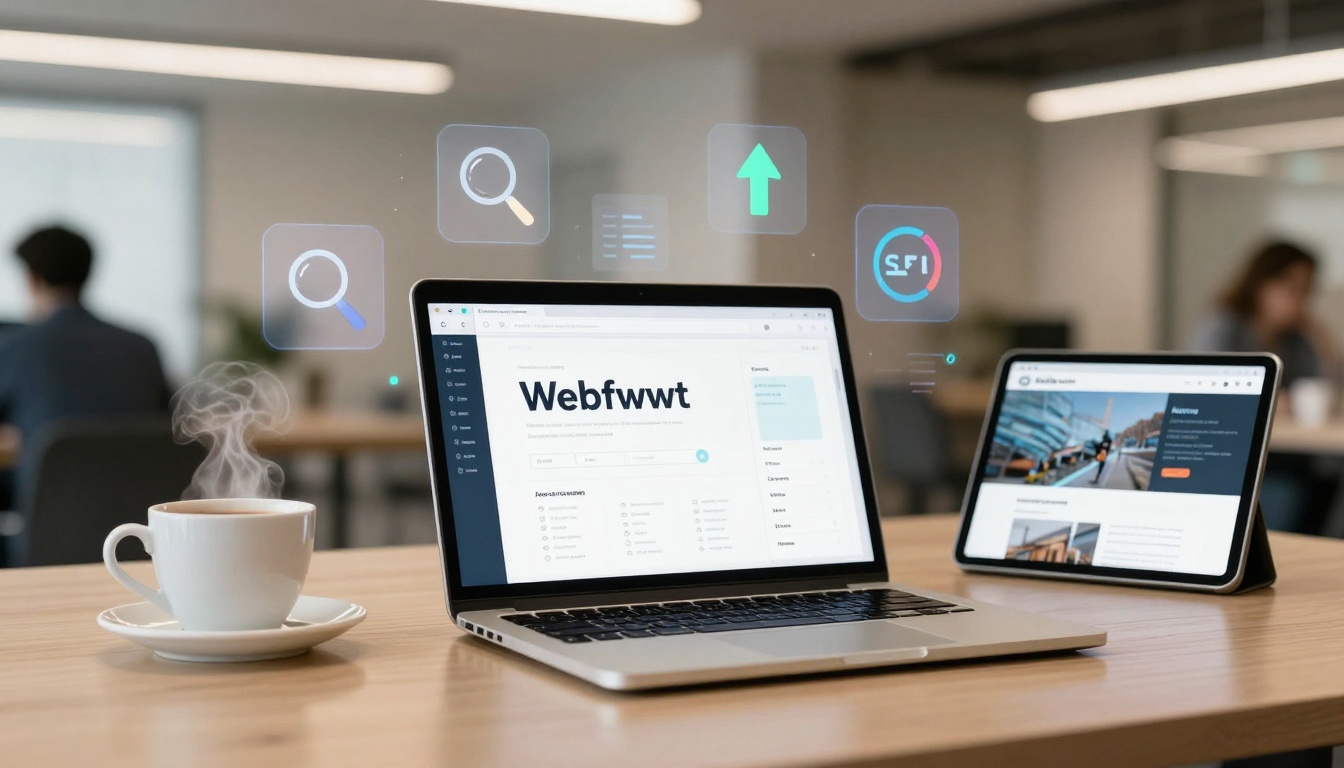 A laptop and tablet on a desk display web pages. A steaming cup of coffee is nearby. Floating digital icons, including a magnifying glass and arrow, are visible. Office setting with blurred people in the background.