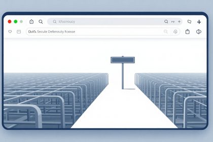 A stylized browser window shows a grid of interconnected blue bars forming aisles, leading to a central pathway with a blank signpost.