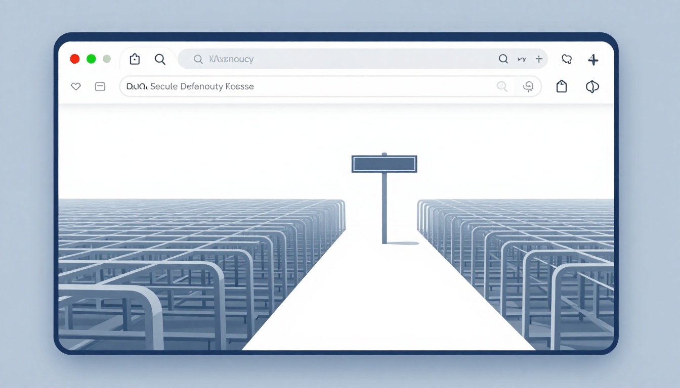 A stylized browser window shows a grid of interconnected blue bars forming aisles, leading to a central pathway with a blank signpost.