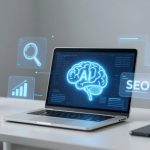 A laptop on a white desk displays a glowing AI brain graphic. Surrounding icons show a magnifying glass, bar graph, and "SEO" text. A smartphone and potted plant are nearby.