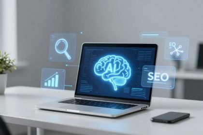 A laptop on a white desk displays a glowing AI brain graphic. Surrounding icons show a magnifying glass, bar graph, and "SEO" text. A smartphone and potted plant are nearby.