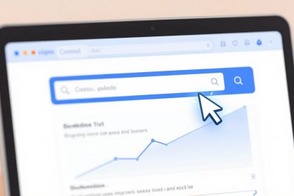 A computer screen displaying a search bar with a blue border, containing the text "Coseo, guifedo" and a search icon. A large cursor points at the search icon. Below, there's a blurred line graph and text.
