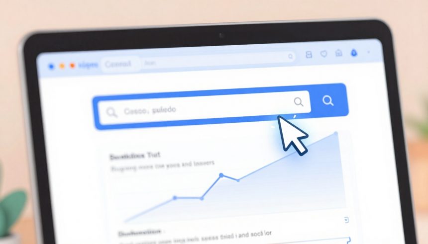 A computer screen displaying a search bar with a blue border, containing the text "Coseo, guifedo" and a search icon. A large cursor points at the search icon. Below, there's a blurred line graph and text.