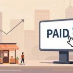 A person walks past a small coffee shop with a red awning. Nearby, a large digital billboard displays the word "PAID" with a hand cursor icon. The background shows a cityscape with tall buildings and a rising graph arrow, symbolizing growth or financial success.