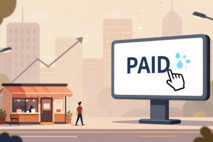 A person walks past a small coffee shop with a red awning. Nearby, a large digital billboard displays the word "PAID" with a hand cursor icon. The background shows a cityscape with tall buildings and a rising graph arrow, symbolizing growth or financial success.