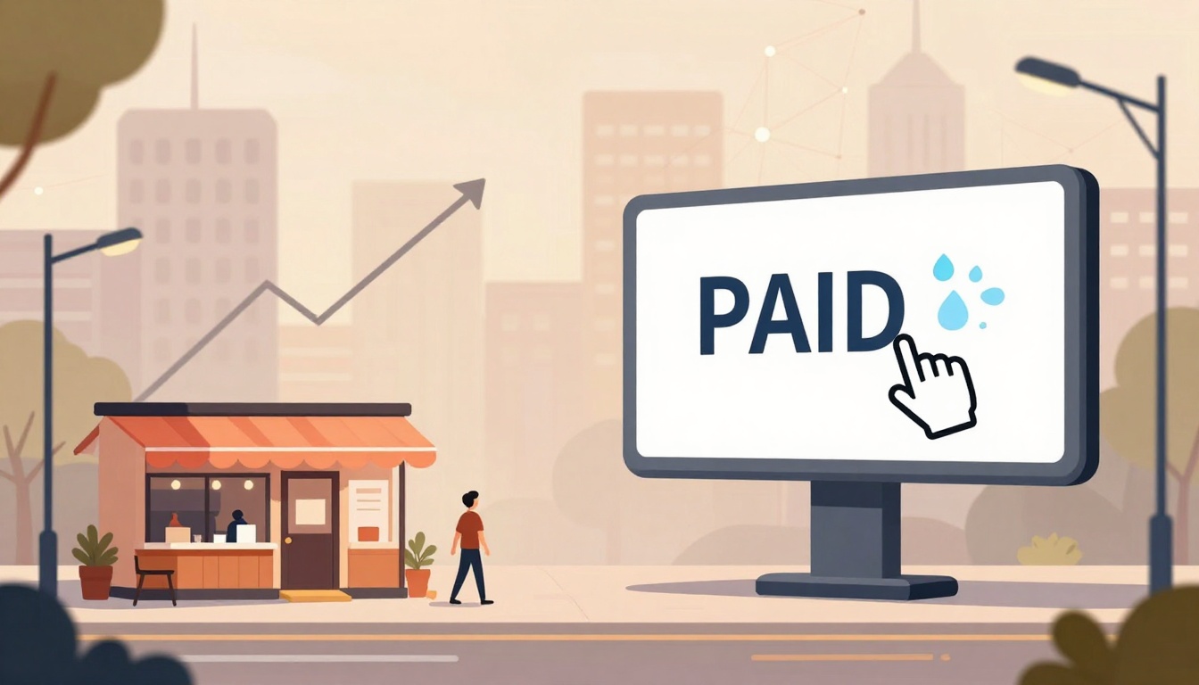 A person walks past a small coffee shop with a red awning. Nearby, a large digital billboard displays the word "PAID" with a hand cursor icon. The background shows a cityscape with tall buildings and a rising graph arrow, symbolizing growth or financial success.