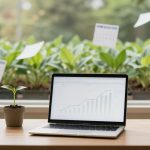 A laptop displaying a bar chart is on a wooden desk, accompanied by a small potted plant and a white mug. Outside the window are lush green plants and several calendars.