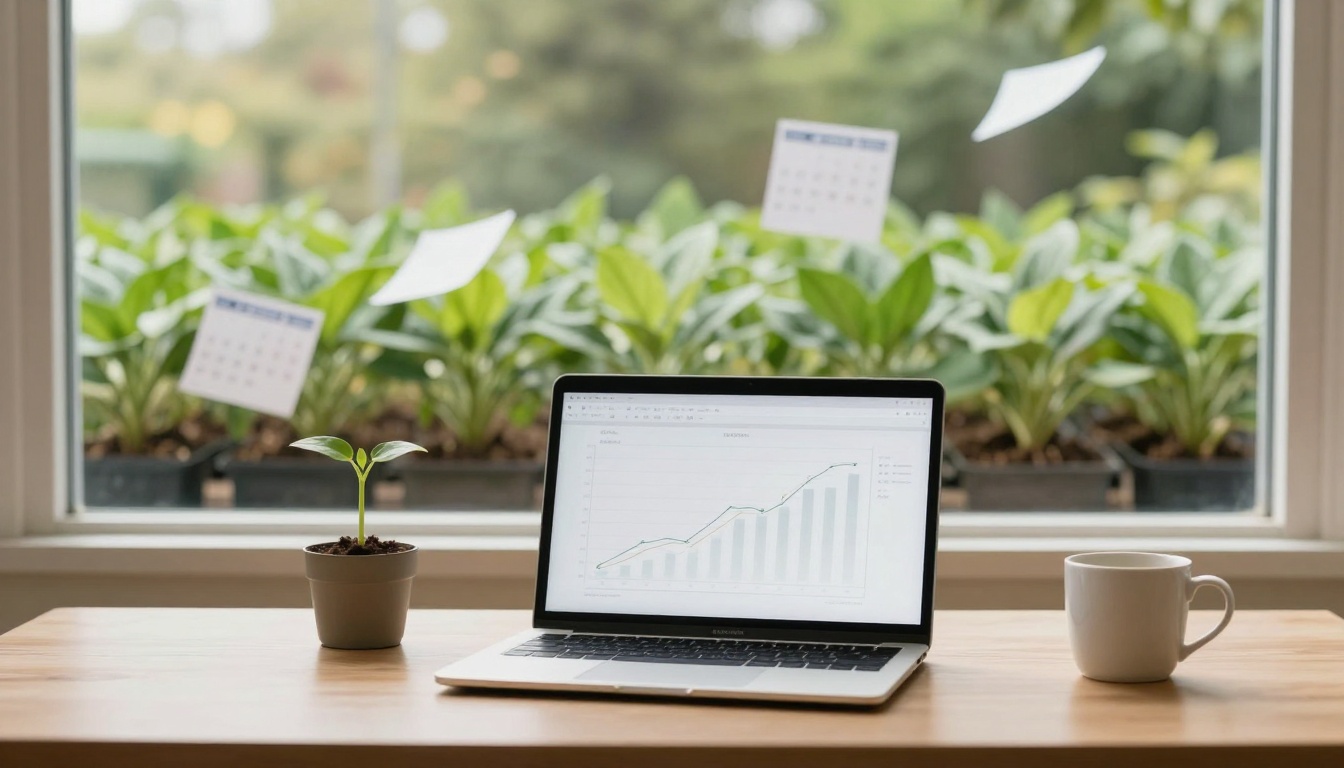 A laptop displaying a bar chart is on a wooden desk, accompanied by a small potted plant and a white mug. Outside the window are lush green plants and several calendars.