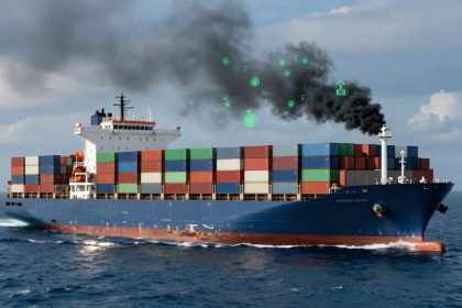 A blue cargo ship at sea with stacked colorful containers. Black smoke emerges from the smokestack, and green digital icons overlay the smoke.
