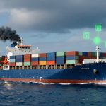 A large cargo ship on the ocean emits black smoke from its chimney. It carries multicolored shipping containers. Digital icons hover above, suggesting technology or data analytics. The sky is cloudy.