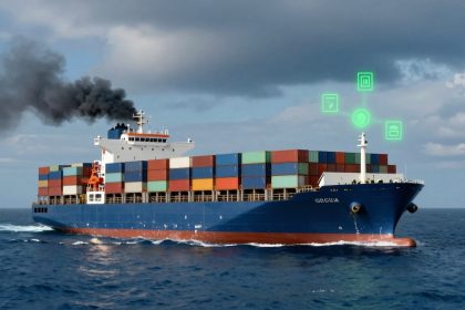 A large cargo ship on the ocean emits black smoke from its chimney. It carries multicolored shipping containers. Digital icons hover above, suggesting technology or data analytics. The sky is cloudy.