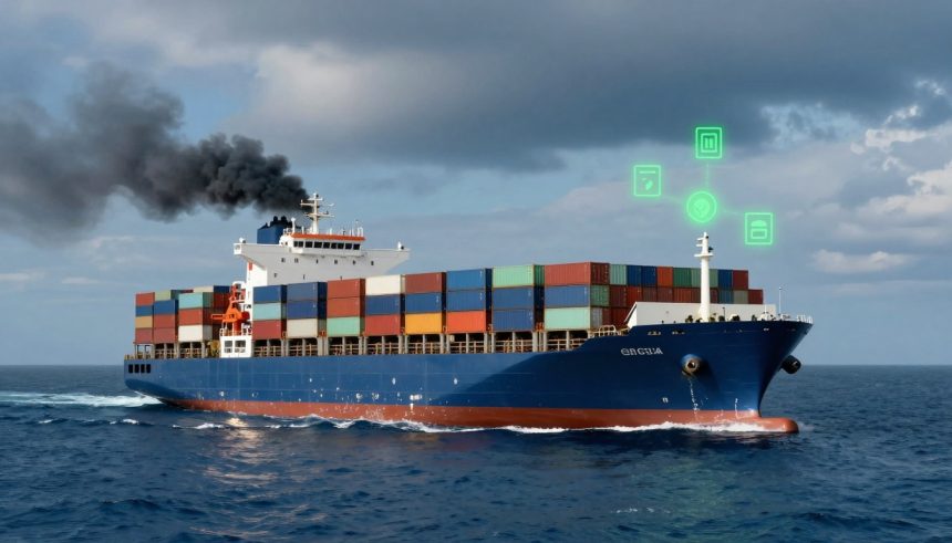 A large cargo ship on the ocean emits black smoke from its chimney. It carries multicolored shipping containers. Digital icons hover above, suggesting technology or data analytics. The sky is cloudy.