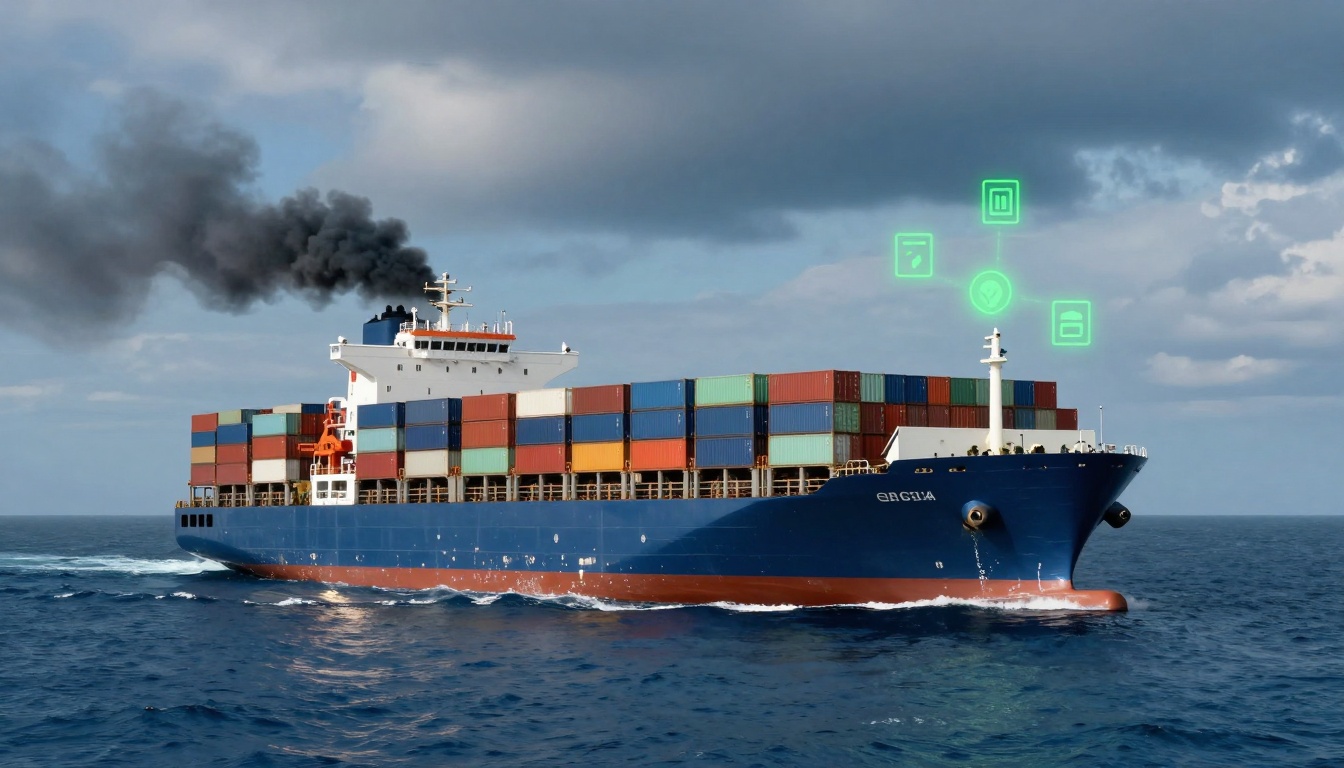 A large cargo ship on the ocean emits black smoke from its chimney. It carries multicolored shipping containers. Digital icons hover above, suggesting technology or data analytics. The sky is cloudy.