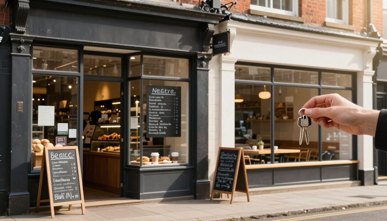 A hand holding keys is in the foreground, with a bakery storefront in the background. The bakery has a black facade, large windows, a chalkboard menu, and pastries displayed inside.