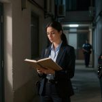 Two women in suits stand in a dimly lit hallway. One reads a book, while the other stands with arms crossed. A police officer is visible in the background.