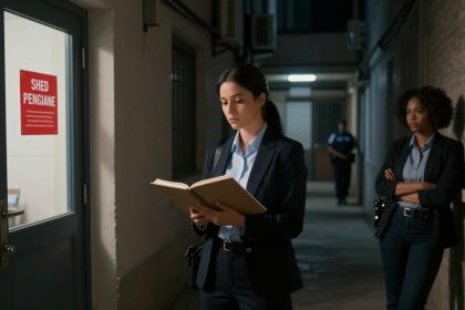 Two women in suits stand in a dimly lit hallway. One reads a book, while the other stands with arms crossed. A police officer is visible in the background.