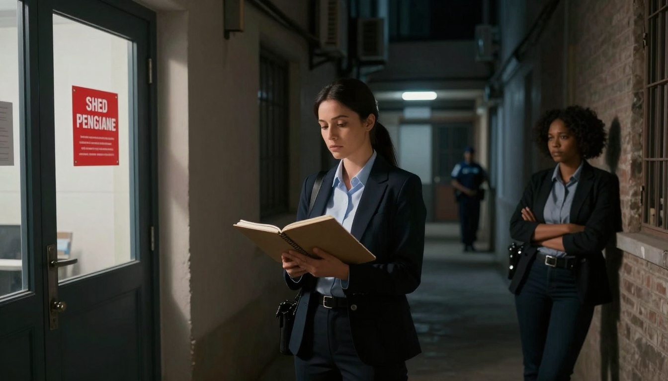 Two women in suits stand in a dimly lit hallway. One reads a book, while the other stands with arms crossed. A police officer is visible in the background.