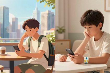 On the left, a cartoon boy with brown hair, wearing a white shirt and backpack, sits at an outdoor cafe table, looking at his phone with a coffee cup beside him. City skyline in the background. On the right, a real boy with dark hair in a beige shirt sits indoors at a table, also looking at his phone, one hand on his cheek. A colorful wristband is on his wrist.