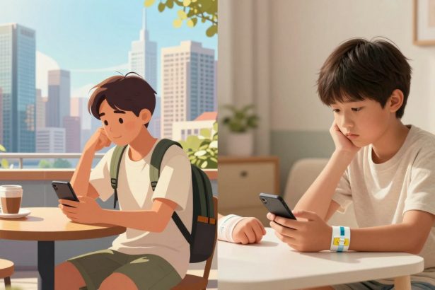On the left, a cartoon boy with brown hair, wearing a white shirt and backpack, sits at an outdoor cafe table, looking at his phone with a coffee cup beside him. City skyline in the background. On the right, a real boy with dark hair in a beige shirt sits indoors at a table, also looking at his phone, one hand on his cheek. A colorful wristband is on his wrist.