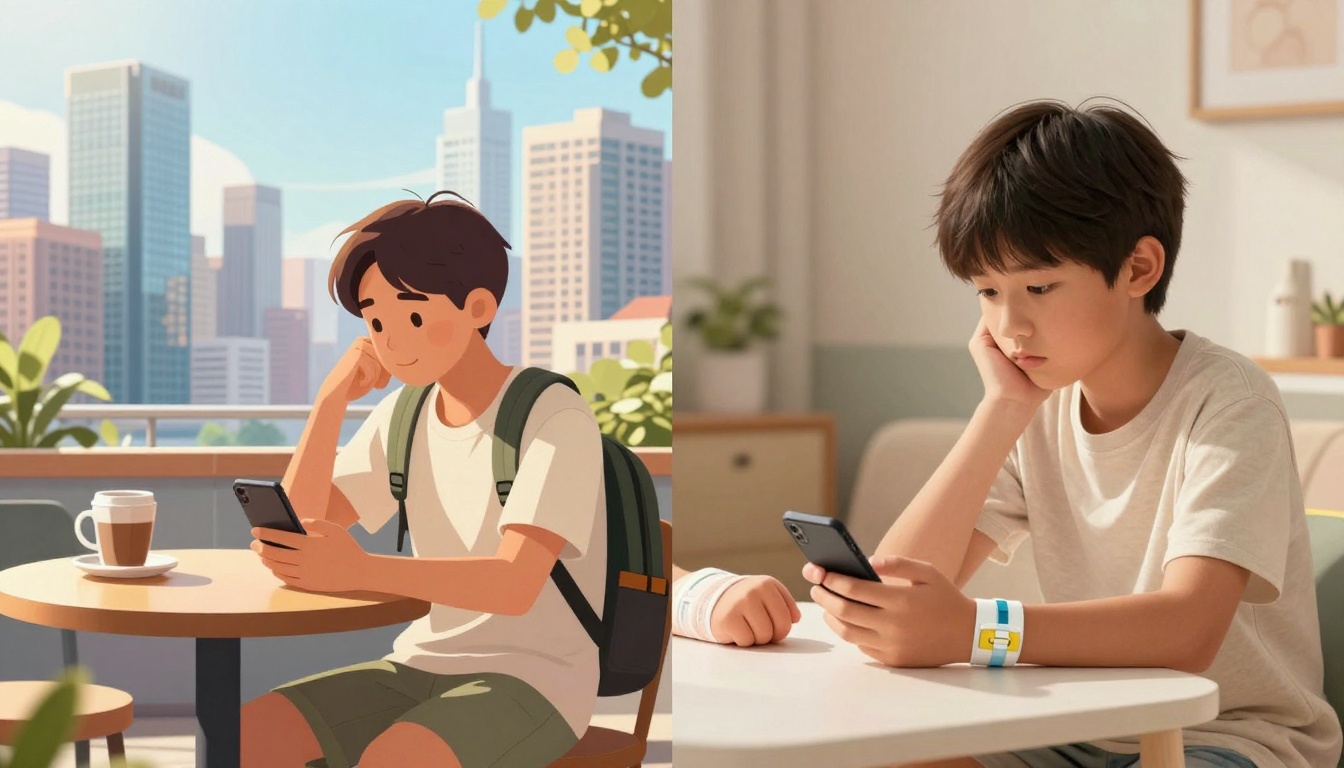 On the left, a cartoon boy with brown hair, wearing a white shirt and backpack, sits at an outdoor cafe table, looking at his phone with a coffee cup beside him. City skyline in the background. On the right, a real boy with dark hair in a beige shirt sits indoors at a table, also looking at his phone, one hand on his cheek. A colorful wristband is on his wrist.