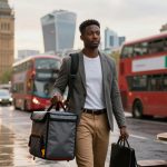 A man walks on a wet city street carrying a gray insulated bag and a black briefcase. He wears a gray blazer and beige pants. Red double-decker buses and a clock tower are in the background. A coffee cup sits on a round table in the foreground.