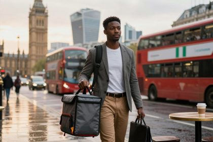 A man walks on a wet city street carrying a gray insulated bag and a black briefcase. He wears a gray blazer and beige pants. Red double-decker buses and a clock tower are in the background. A coffee cup sits on a round table in the foreground.