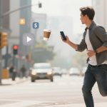 A man in casual attire runs across a city street, holding a smartphone. Icons and a floating coffee cup with steam are visible nearby.