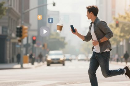 A man in casual attire runs across a city street, holding a smartphone. Icons and a floating coffee cup with steam are visible nearby.