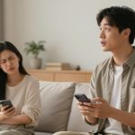 A man and woman sitting on a couch, each holding a smartphone. The man appears to be speaking, while the woman looks displeased. The background includes plants and books on a shelf.