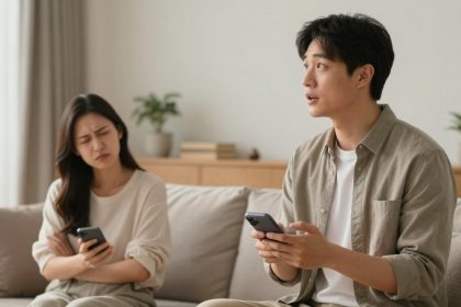 A man and woman sitting on a couch, each holding a smartphone. The man appears to be speaking, while the woman looks displeased. The background includes plants and books on a shelf.