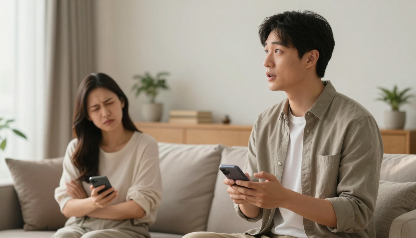 A man and woman sitting on a couch, each holding a smartphone. The man appears to be speaking, while the woman looks displeased. The background includes plants and books on a shelf.
