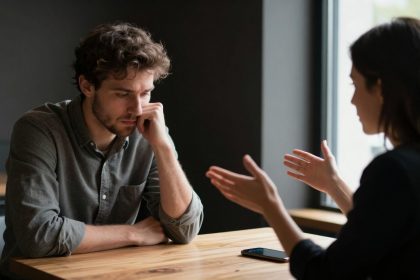 A man with curly hair in a gray shirt sits at a wooden table, resting his chin on his hand, looking thoughtful. A woman in a black top gestures with her hands, engaged in conversation. A smartphone lies on the table between them.
