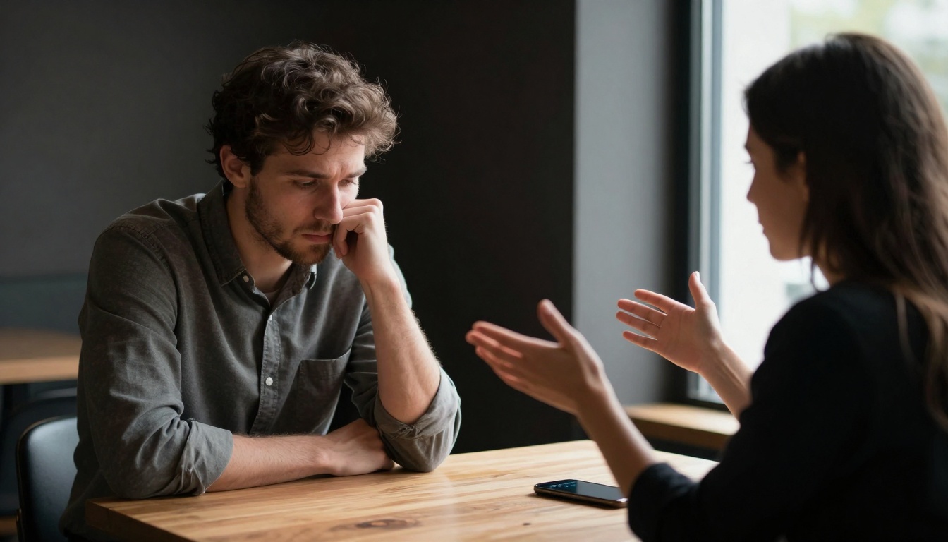 A man with curly hair in a gray shirt sits at a wooden table, resting his chin on his hand, looking thoughtful. A woman in a black top gestures with her hands, engaged in conversation. A smartphone lies on the table between them.