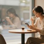 A woman in a cafe drinks from a white mug while looking at her smartphone. She sits at a wooden table with a small glass of espresso. Her reflection is visible in the large window beside her.