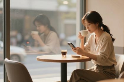 A woman in a cafe drinks from a white mug while looking at her smartphone. She sits at a wooden table with a small glass of espresso. Her reflection is visible in the large window beside her.